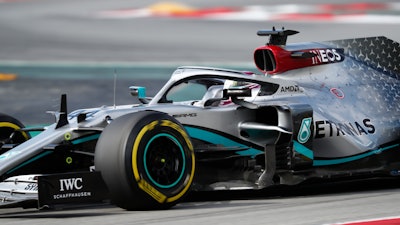 Mercedes driver Lewis Hamilton during the Formula One pre-season testing session at the Barcelona Catalunya racetrack in Montmelo, Spain, Feb. 28, 2020.