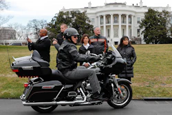 Harley-Davidson President and CEO Matthew Levatich rides his motorcycle onto the South Lawn of the White House, Feb. 1, 2017.
