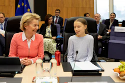 Swedish climate activist Greta Thunberg, right, and European Commission President Ursula von der Leyen attend the weekly College of Commissioners meeting at EU headquarters in Brussels, March 4, 2020.