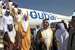 Sheikh Mohammed bin Rashid Al Maktoum, 3rd right, visits a FlyDubai aircraft at the Dubai Airshow, Nov. 15, 2009.