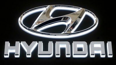 Hyundai logo at the Pittsburgh International Auto Show, Feb. 14, 2019.