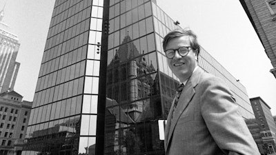 Architect Henry N. Cobb across from the John Hancock Tower in Boston, Sept. 13, 1977.