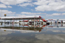 A Sapp Bros. gas station in Percival, Iowa, stands in floodwaters from the Missouri River, May 10, 2019.