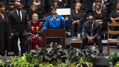 NASA astronaut Dr. Yvonne Cagle speaks at a memorial service for Katherine Johnson, March 7, 2020, at Hampton University Convocation Center in Hampton, Va.