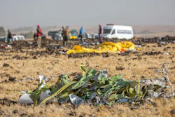 Parts of the plane wreckage at the scene of a crash outside Addis Ababa, March 11, 2019.