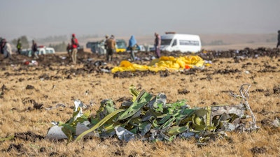 Parts of the plane wreckage at the scene of a crash outside Addis Ababa, March 11, 2019.