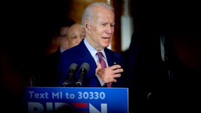 Former Vice President Joe Biden speaks at a campaign stop in Flint, Mich., March 9, 2020.
