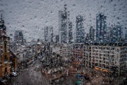 Banking district photographed through raindrops on a window in Frankfurt, March 10, 2020.