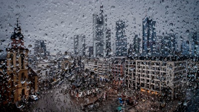 Banking district photographed through raindrops on a window in Frankfurt, March 10, 2020.