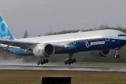 A Boeing 777X airplane takes off on its first flight at Paine Field in Everett, Wash., Jan. 25, 2020.