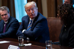 Bank of America CEO Brian Moynihan, left, and CEO of the Independent Community Bankers of America Rebeca Romero Rainey, right, listen as President Donald Trump speaks during a meeting with banking industry executives about the coronavirus at the White House, March 11, 2020.
