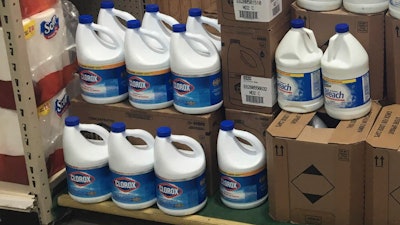 Gallons of Clorox bleach on display, priced at $8.99 each, at a Menards store in Jackson, Mich., March 10, 2020.