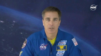 In this image from video, astronaut Chris Cassidy speaks during an interview from Star City, Russia, March 19, 2020.