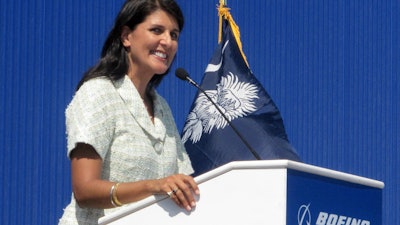 Then-South Carolina Gov. Nikki Haley speaks during the dedication of Boeing Co.'s $750 million final assembly plant in North Charleston, June 10, 2011.