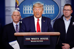 President Donald Trump speaks as Vice President Mike Pence, left, and FEMA Administrator Peter Gaynor look on during a coronavirus task force briefing at the White House, March 22, 2020.