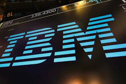 IBM logo above a trading post on the floor of the New York Stock Exchange, March 18, 2019.