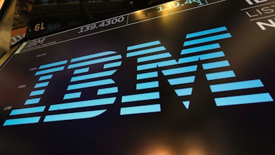 IBM logo above a trading post on the floor of the New York Stock Exchange, March 18, 2019.