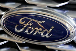 Ford logo at the Pittsburgh Auto Show, Feb. 15, 2018.