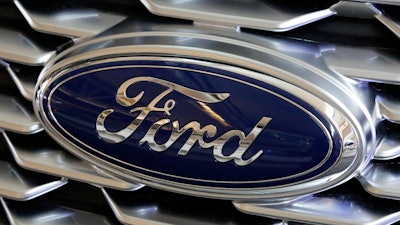 Ford logo at the Pittsburgh Auto Show, Feb. 15, 2018.