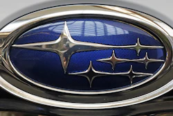Logo on a 2019 Subaru Forester at the Pittsburgh International Auto Show, Feb. 14, 2019.