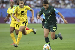 Australia's Sam Kerr, right, during a Women's World Cup match against Jamaica in Grenoble, France, June 18, 2019.