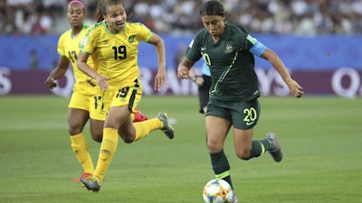 Australia's Sam Kerr, right, during a Women's World Cup match against Jamaica in Grenoble, France, June 18, 2019.