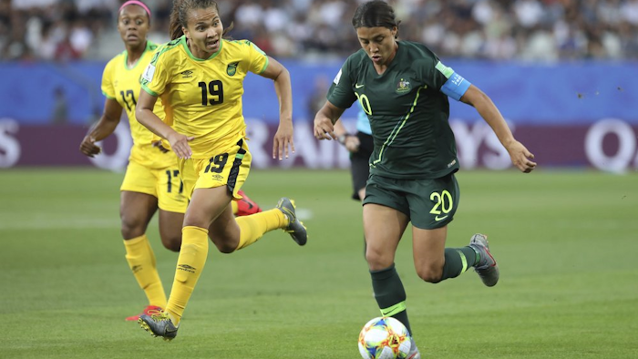 Australia's Sam Kerr, right, during a Women's World Cup match against Jamaica in Grenoble, France, June 18, 2019.