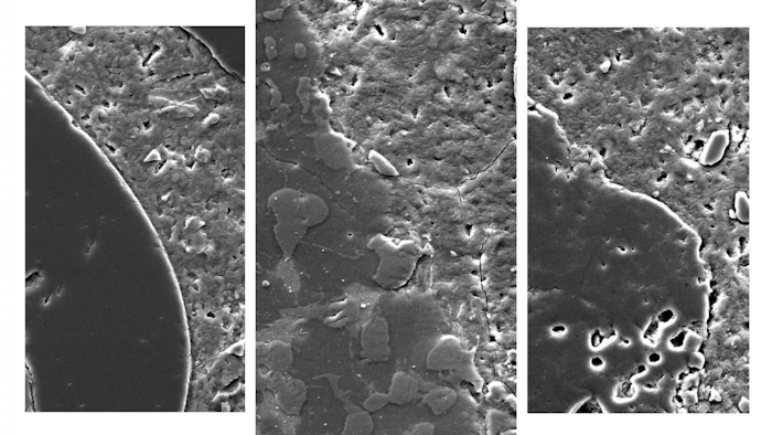 Magnified images of concrete with treated slag (center), conventional aggregates (left) and raw slag (right). The treated slag forms a more seamless bond with the cement paste, making the concrete stronger.