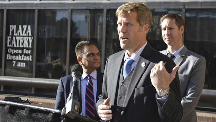 Albuquerque Mayor-elect Tim Keller speaks outside of City Hall, Nov. 28, 2017.