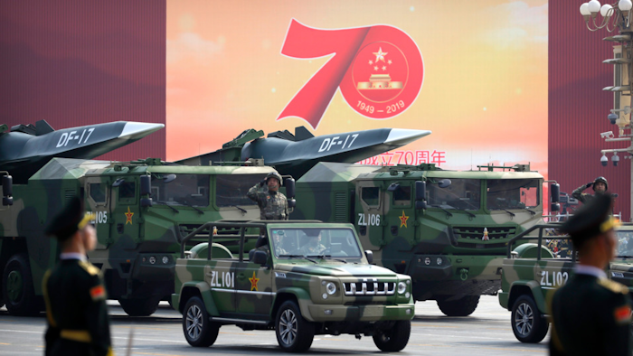 Chinese military vehicles carrying DF-17 ballistic missiles during a parade in Beijing, Oct. 1, 2019.