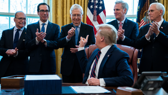President Donald Trump after signing the coronavirus stimulus relief package in the Oval Office at the White House, March 27, 2020.