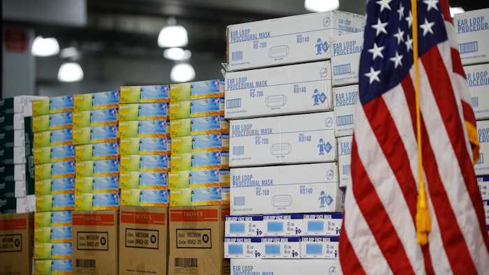 Stacks of medical supplies at the Jacob Javits Center in New York, March 24, 2020.