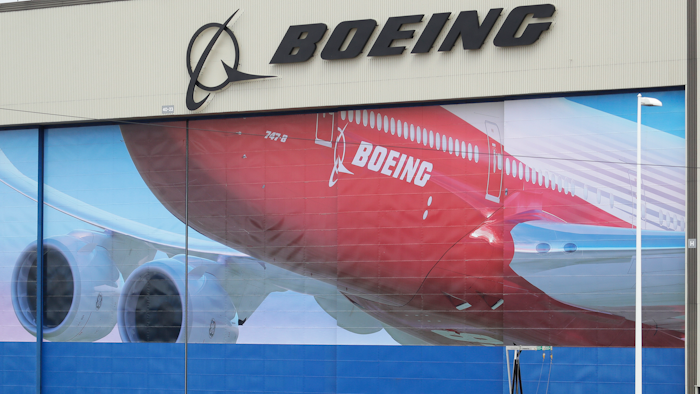 Mural of a Boeing 747-8 at the company's manufacturing facility in Everett, Wash., March 23, 2020.