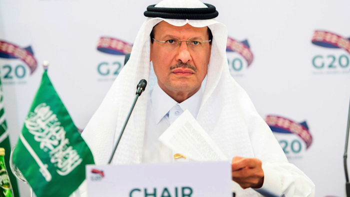 Prince Abdulaziz bin Salman Al-Saud, Minister of Energy of Saudi Arabia, chairs a virtual summit of the Group of 20 energy ministers at his office in Riyadh, April 10, 2020.