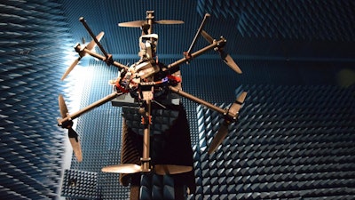 Measuring a drone's Radar Cross Section in Aalto University's anechoic chamber, Espoo, Finland.