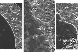 Magnified images of concrete with treated slag (center), conventional aggregates (left) and raw slag (right). The treated slag forms a more seamless bond with the cement paste, making the concrete stronger.