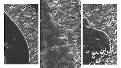 Magnified images of concrete with treated slag (center), conventional aggregates (left) and raw slag (right). The treated slag forms a more seamless bond with the cement paste, making the concrete stronger.