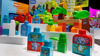 Mega Bloks, by Mattel, are displayed at Toy Fair New York in the Javits Convention Center, Feb. 24, 2020.