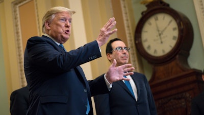 Treasury Secretary Steven Mnuchin and President Donald Trump after meeting with Republican lawmakers on Capitol Hill, March 10, 2020.