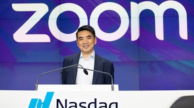 Zoom CEO Eric Yuan attends the opening bell at Nasdaq as his company holds its IPO in New York, April 18, 2019.