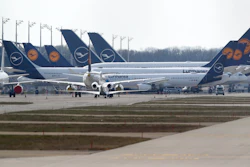 Lufthansa planes parked at the airport in Munich, March 26, 2020.