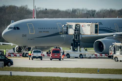 An Airbus A330 of the French Air Force is on display at the Airport of Hamburg, March 31, 2020.