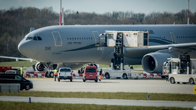 An Airbus A330 of the French Air Force is on display at the Airport of Hamburg, March 31, 2020.