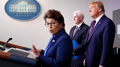 Jovita Carranza, administrator of the Small Business Administration, speaks in the James Brady Press Briefing Room of the White House, April 2, 2020.