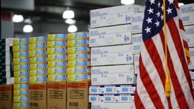 Stacks of medical supplies at the Jacob Javits Center in New York, March 24, 2020.
