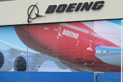 Mural of a Boeing 747-8 at the company's manufacturing facility in Everett, Wash., March 23, 2020.