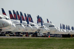 Mothballed Delta Air Lines jets parked at Kansas City International Airport, April 1, 2020.