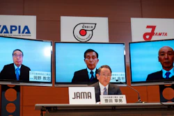 Toyota Chief Executive Akio Toyoda speaks during a video meeting at his office in Nagoya, April 10, 2020.
