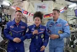 Astronauts Jessica Meir, Andrew Morgan and Chris Cassidy during a news conference, April 10, 2020.