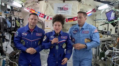 Astronauts Jessica Meir, Andrew Morgan and Chris Cassidy during a news conference, April 10, 2020.